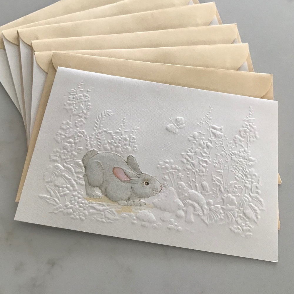 Set of 6 Bunny Embossed Cards Vintage Feel Blank Inside Meadowland & Bunny